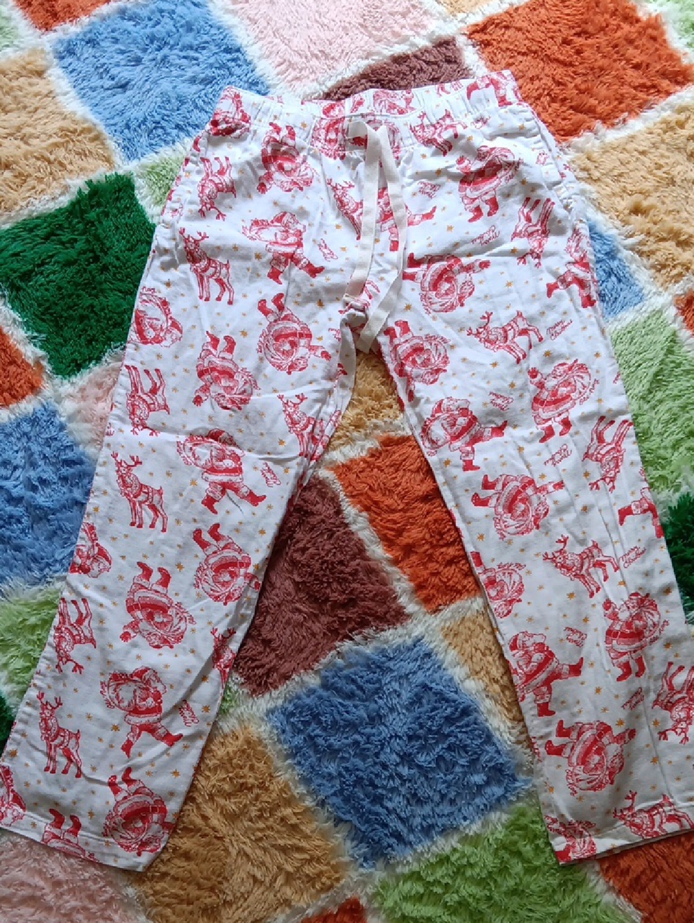 White Pajama Pants with Red Reindeer Print